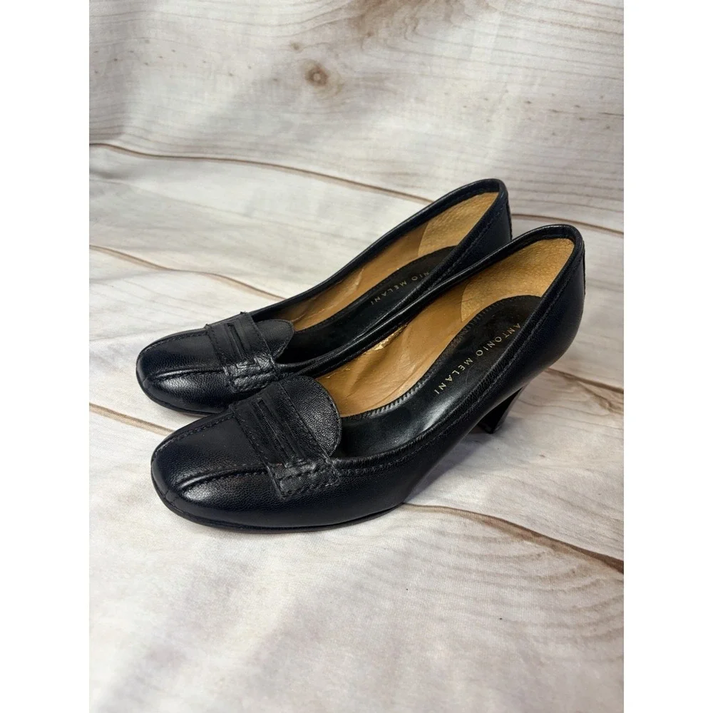 Antonio Melani Black Leather Heels 6M Loafer Style Square Toe Career
